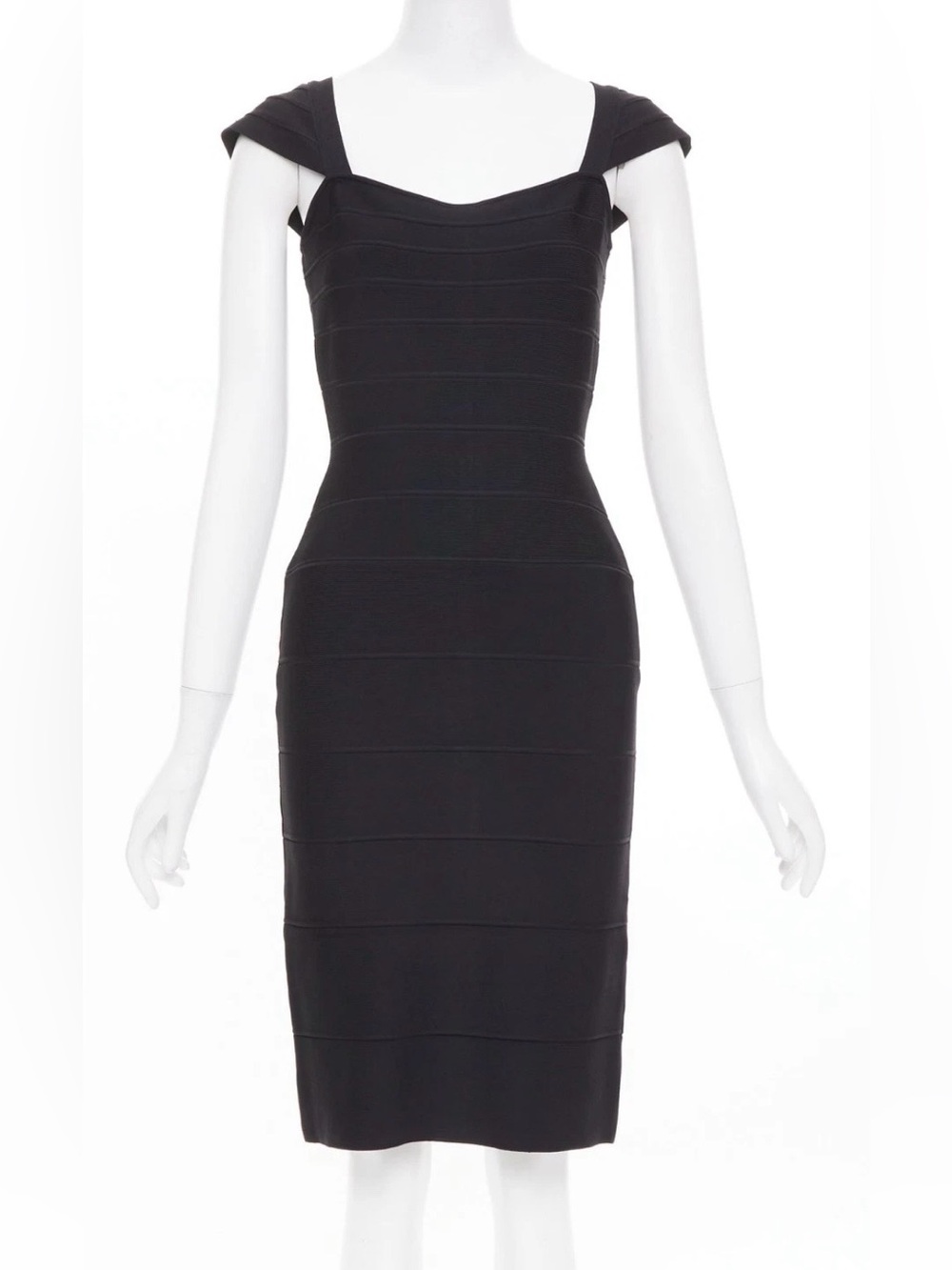 Herve Leger Black Cap Sleeve Bandage Midi Dress